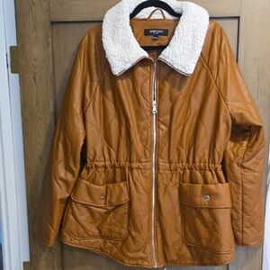 Kensie Women's Brown Quilted Teddy Jacket with Cream Collar
